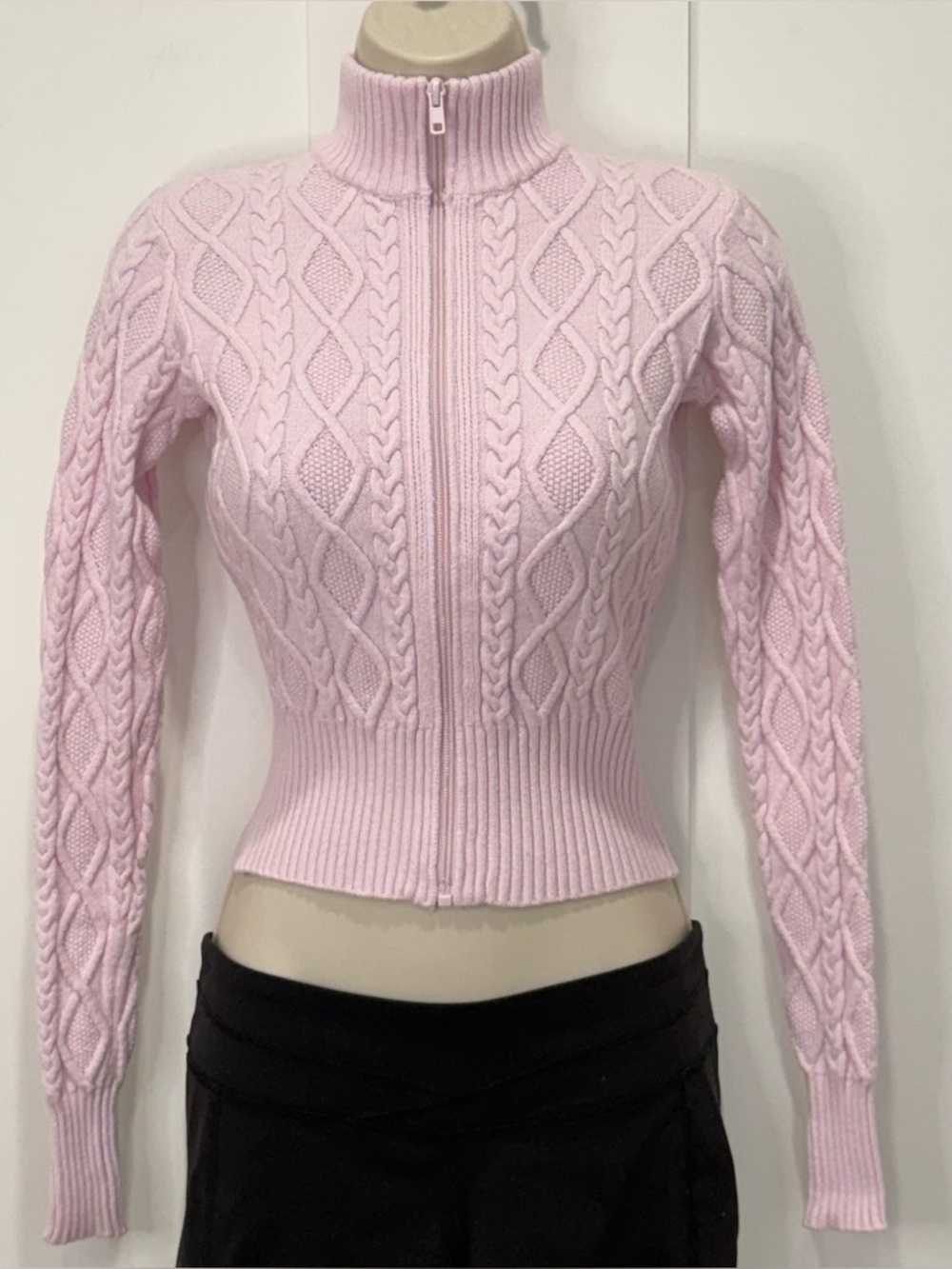 Skims Snow Bunny Cable Knit Zip Up Sweater Small Baby Pink Coquette Cozy Chic - Picture 4 of 11